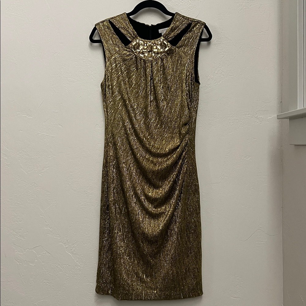 Cache Sleeveless Gold Metallic Dress Embellished